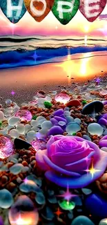 Fantasy beach sunset with rose and 'Hope' stones on a vibrant, colorful shore.