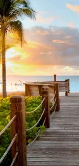 Beach boardwalk at sunset with palm trees and ocean view.