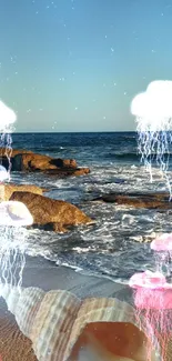 Beach sunset with seashell on shore and ocean waves.