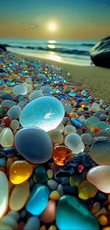 Colorful pebbles on beach at sunset.