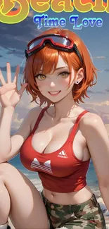 Anime character enjoying beach in vibrant wallpaper.
