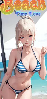 Anime beach scene with girl in swimwear.