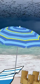 Cartoon wallpaper with beach umbrella, sandcastle, and ocean backdrop.