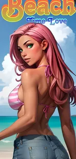 Anime beach scene with vibrant colors and stylish character.