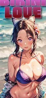 Anime girl in bikini at the beach with ocean waves in a vibrant art style.