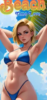 Anime style beach wallpaper with a character in a blue bikini.