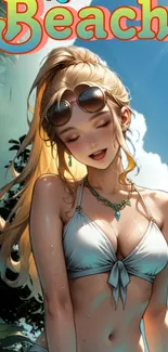 Anime beach wallpaper with a sunny summer vibe.