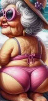 Humorous cartoon of an elderly lady at the beach in a bikini.