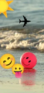 Beach with emojis, waves, and sun in vibrant fun scenery.