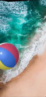 Vibrant mobile wallpaper featuring a beach ball by turquoise ocean waves.