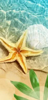 Starfish and seashell on sandy beach wallpaper.