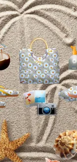 Beach-themed wallpaper with sand art, beach items, and a tropical vibe.