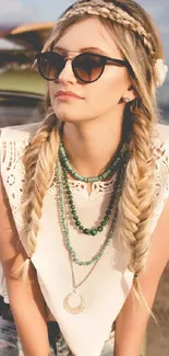 Stylish woman with braids and sunglasses at the beach with a vintage car.