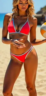Woman playing beach volleyball in bikini