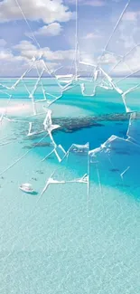 A tropical beach view seen through broken glass effect.