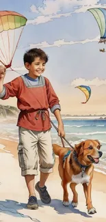 Boy flying kites with dog on a sunny beach.