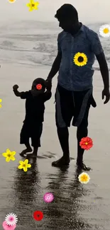 Father and child walking on beach with flower design overlay.