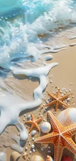 Beach wallpaper with waves, starfish, and seashells on sandy shore.