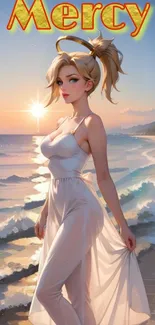 Angelic character on a beach with a golden sunset.