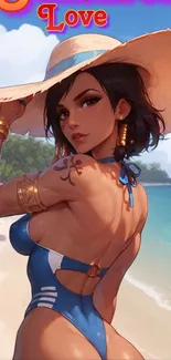 Anime character at tropical beach in hat, vibrant summer art.