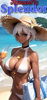 Anime girl relaxing by the beach with a drink and sunhat.