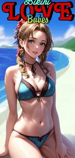 Anime girl in bikini on a tropical beach, vibrant and colorful artwork.