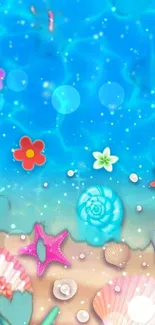 Colorful beach and sea themed wallpaper with vibrant shells and flowers.