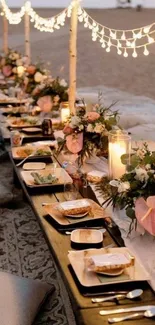 Charming beachside dinner setup with lights and floral decor.