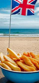 Fish and chips with Union Jack flag on a beach backdrop.