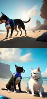 Dogs and cats enjoy a sunny beach scene.