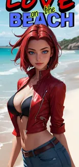 Anime character in red jacket on beach with ocean view.