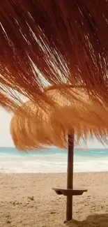 Rustic parasol on a sandy beach with ocean waves in the background.