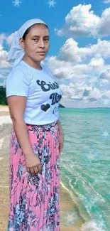 Woman standing on a beach with ocean waves and cloudy sky.