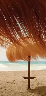 Beach parasol and ocean view with sandy shores.