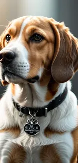 Lifelike portrait of a Beagle dog with a soft brown and white coat.