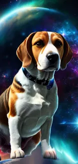 Beagle dog in front of a colorful cosmic nebula.