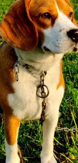 Beagle standing on a lush, green field with a chain and sunny backdrop.