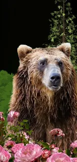 Majestic bear surrounded by pink roses and lush green foliage.