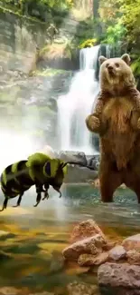 Bear and bee by a waterfall, creating a serene nature scene.