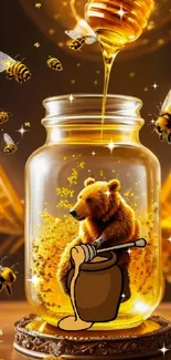 Bear sitting in honey jar surrounded by bees.