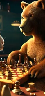 Bear and cat playing chess in cozy setting.