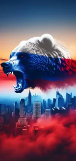 Roaring bear above city skyline in vibrant colors.