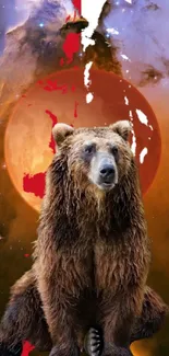 Bear in cosmic scene wallpaper with red and brown hues.