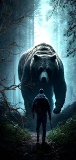 A majestic bear approaches a lone hiker in a mystical forest.