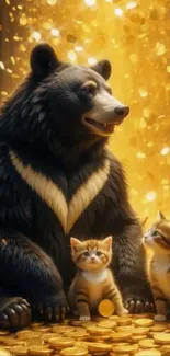 Bear with kittens amidst golden coins wallpaper.