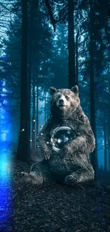 Bear holding a lantern in a mysterious, dark forest at night.