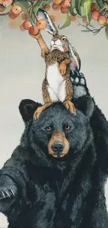 Bear and rabbit duo reaching for apples in a whimsical artwork.