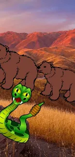 Cartoon bears and snake in mountain landscape wallpaper.