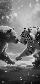 Bear and tiger face off in snowy forest.