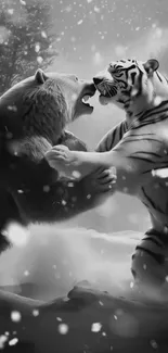 Bear and tiger in a snowy fight scene.
